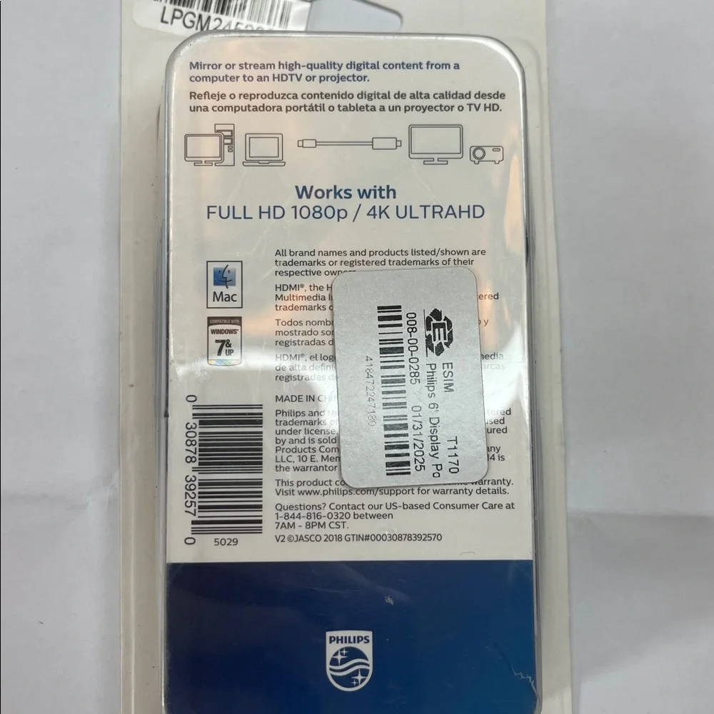 Philips 6ft. (1.8m) DisplayPort to HDMI cable **package damaged**